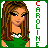 A 4x4 contact sheet of a pixel-art animated icon featuring a cartoon woman with long brown hair in a green dress, showing frame-by-frame animation changes in vertical text color.