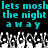 Pixelated cyan text repeats 'lets mosh the night away' over black background with grayscale pixelated figures below.