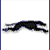 Pixelated black and blue animal figure in a horizontal running pose on a white background with dark blue vertical borders.