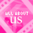 Pink diamond-shaped with repeating geometric patterns, each containing 'ALL ABOUT US' text in white and green