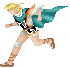 Pixel art character with blonde hair and blue cape running in four sequential poses against gray background.