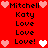 Red background with pixelated text and heart symbols arranged in two vertical , featuring repeated names and 'Love' variations with heart accents