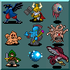 Nine pixel-art characters arranged in a 3x3 grid on teal background, including bird-like creature, armored figure with hammer, floating eye, ghost, blue-armored knight, multi-eyed monster, hooded warrior, glowing sphere, and winged beast.