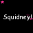 Black background with repeated white text "Squidney!" and scattered pink and purple stars in a pixelated style.