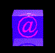 A 4x4 contact sheet of animated frames showing a blue cube with pink @ symbol rotating against black background, each frame displaying different perspective and lighting effects on the cube's surface.