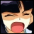 Pixelated anime-style character with dark hair and closed eyes, mouth open in a shout, next to stylized text on black background.