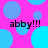 A static image with a bright pink background covered in overlapping light blue and cyan circles, featuring four instances of the text 'abby!!!' in black lowercase letters.
