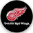 A circular black icon with a red winged logo and white text below it, followed by six hockey-themed static images showing players in action on ice.