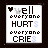 Pixelated text-based icon with 'well everyone HURTS everyone CRIES' and a heart symbol, showing animation changes in letter colors.