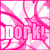 A contact sheet of five animated frames showing a pink and white patterned background with the text "dork!" in bold letters, where the lettering changes between frames.