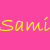 A pink background displays yellow text 'Sami' with a white flower symbol in the bottom right corner.