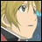 A pixelated anime-style buddy icon featuring a character's face on the left and text elements on the right against a black background.