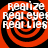 Four identical circular icons with red and black spiral patterns, each containing white text reading 'realize real eyes realities' in a pixelated font.