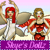 Two cartoon-style female figures with wings pose against a light background; one has red hair and white clothing, the other has blonde hair and red clothing.