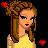 Pixel art of a woman with brown hair in a yellow top, surrounded by red hearts and text reading 'Amor. No es Amor.' on black background.