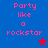 Blue background with pink pixelated text reading 'Party like a rockstar' and red/purple star symbols in four quadrants.