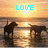 A pixelated sunset scene with four silhouetted dogs walking along a beach, overlaid with cyan text 'LOVE' and '<3<3<3' against a golden sky.