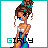 Pixel art of a woman with brown hair in an updo, blue eyes, and dangling earrings wearing a strapless dress with white top and purple-blue skirt.