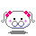 A 4-frame pixel art animation of a white cartoon character with pink hair bows, black eyes, and red mouth, showing different expressions while floating above gray shadows on a light gray background.