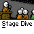 Animated contact sheet of 18 frames showing a pixel art stage dive sequence with orange and white characters, gray background, and repeated "Stage Dive" text.