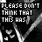 A black-and-white animated icon with repeating text "PLEASE DON'T THINK THAT THIS HAS" and small heart shapes, featuring colorized letter variations in the word "THINK" across frames.