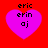 Four identical pixelated purple hearts on red background with black text 'eric erin aj' stacked vertically inside each heart.