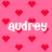 Pixelated pink background with red heart shapes and white text reading 'audrey' in four locations.