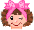 Pixelated cartoon head with brown curly hair, pink polka-dot bow, and winking expression on left side.
