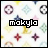 Animated contact sheet of a 48x48 pixel buddy icon showing the name 'makyla' with changing letter colors over a repeating patterned background.