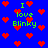 Blue background with red pixelated hearts scattered across, green text reading "I love Blinky" in multiple positions.