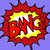 Pixelated comic-style explosion with 'BANG' text, red and yellow colors, on purple background with red text reading 'you're jealous of my randomness skills!'