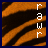 A 48x48 pixel animated buddy icon showing the word "rawr" in vertical text over a tiger-stripe background, with two visible frames where the text color changes from white to red.