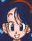 Pixel art character with blue hair and yellow top showing three facial expressions: smiling, shouting, and grinning with teeth.