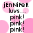 Pixelated text and pink circles on white background, with repeated 'pink!' lines beneath stylized name. Animated changes in circle positions across frames.