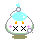 Four pixel-art frames of a cartoon potion bottle with changing liquid color, featuring X eyes and pink crosses on its face.