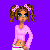 Pixel art of a character with brown pigtails and pink bows, wearing a pink long-sleeve top and white pants against a purple background.