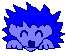 Pixelated blue hedgehog with spiky quills, closed eyes in first frame, open eyes in second and third frames.