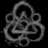 A grayscale abstract knot-like symbol with interwoven loops and square-shaped voids on a black background.
