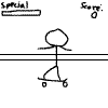 Black-and-white stick-figure animation showing a character on roller skates moving past houses, with text labels and repeated 'Special' banners.