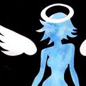 Static 86x86 pixel icon of a blue angelic figure with white wings and halo against black background, rendered in low-resolution digital art style.