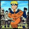 A pixelated animation of a character in an orange jumpsuit with blue accents, standing before a crowd under a light blue sky.