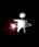 A white stick figure with a glowing head holds a red and purple circular object against a black background, with motion blur effects.