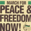 Static image with bold text reading "MARCH FOR PEACE & FREEDOM NOW!" on a light background, featuring green rectangular accents and a small flag-like symbol.