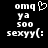 Pixelated white text and symbols on black background: 'omq' with heart, 'ya', '500', 'sexyy(:'