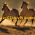 Two brown horses in mid-gallop on a sandy surface, with yellow text partially visible across the lower portion of the image.