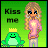 Pixel art animation of a blonde girl in pink shirt and gray pants standing next to a green frog wearing a crown, with 'Kiss me' text on green background.