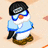 Pixelated penguin character with black hair, blue glasses, orange beak, light blue shirt, white belly, brown boots; text overlay reads 'arent I a HUNK? :)' in dark green on blue blocks.