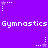 Purple background with repeated white pixelated text 'Gymnastics' and star-shaped icons in various positions.