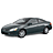 Pixelated side view of a dark gray sedan with visible headlights, wheels, and taillight against white background.