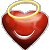 Static pixelated icon of a red heart with a yellow halo and white smile, set against a gray background.